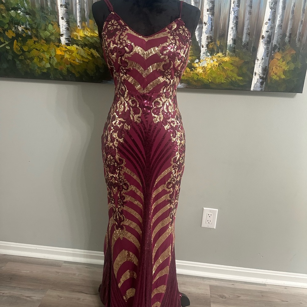 Elegant Burgundy and Gold Sequin Evening Gown